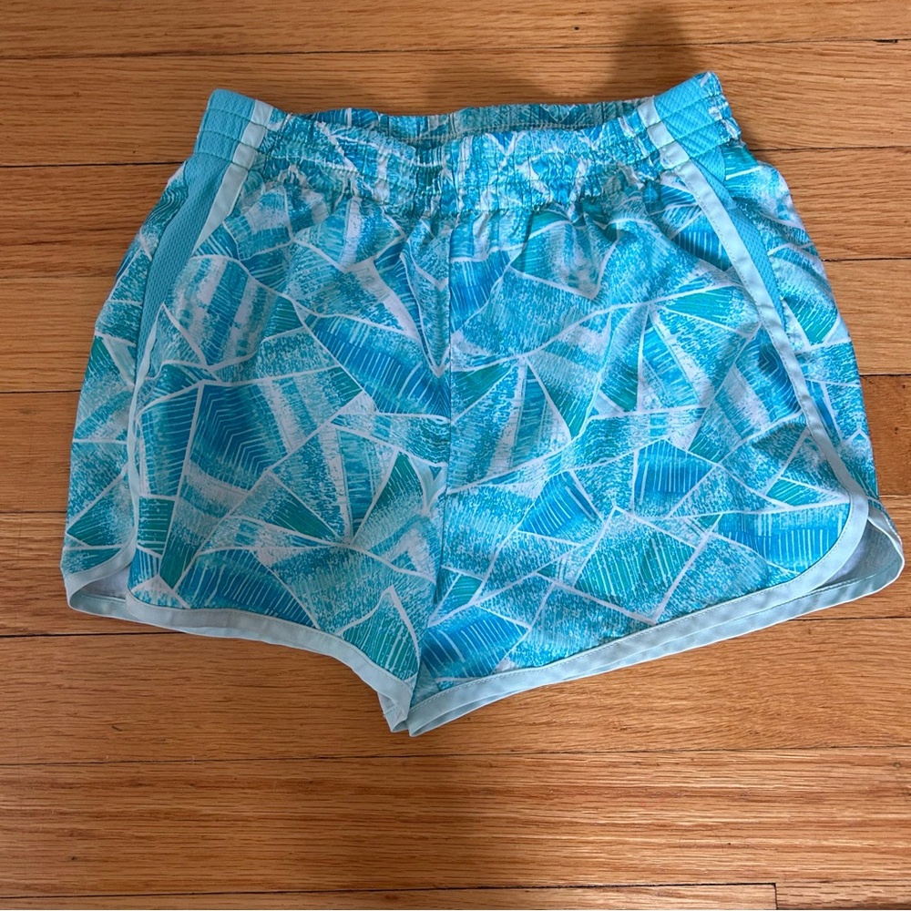 Champion C9 Girls running shorts size 7/8 with vibrant Aqua blue geometric print
